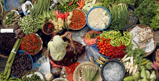 "A market stall in Kota Bharu, Malaysia showing a selection of fresh vegetables"